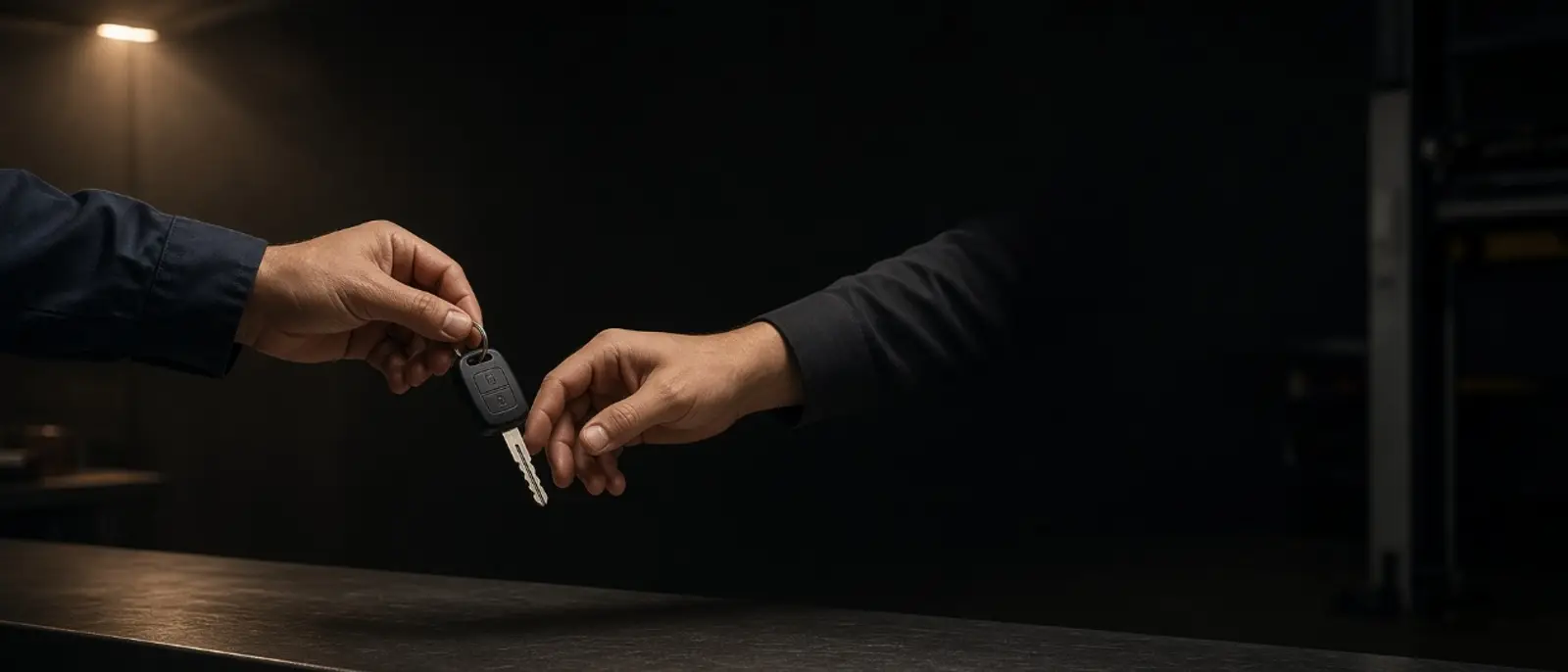 يد فنّي تُسلّم مفتاح مركبة إلى يد عميل فوق كاونتر استلام.